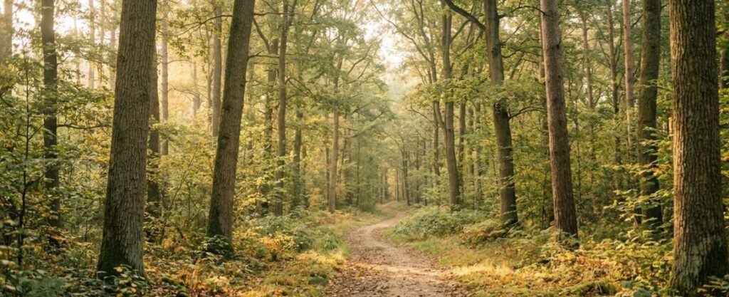 A peaceful forest path in soft morning light