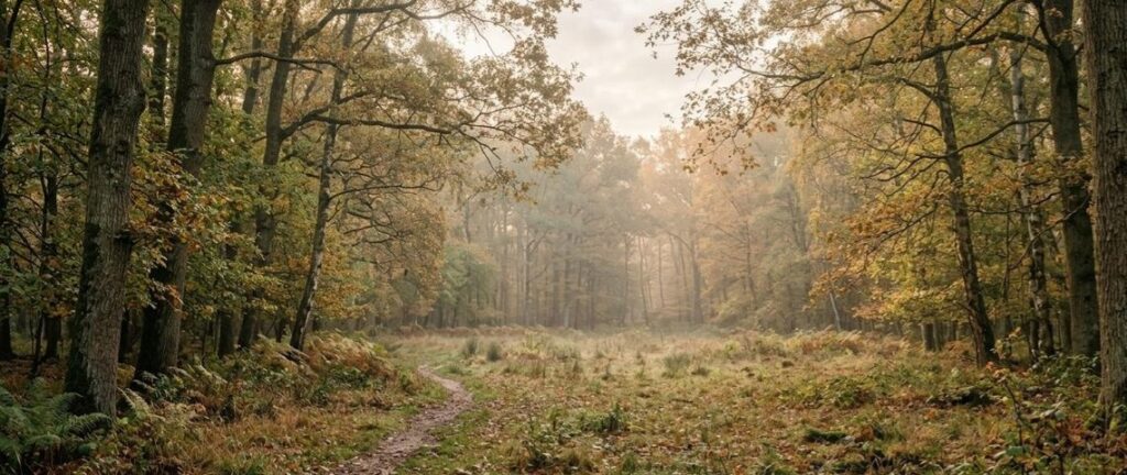A quiet forest clearing in soft morning light